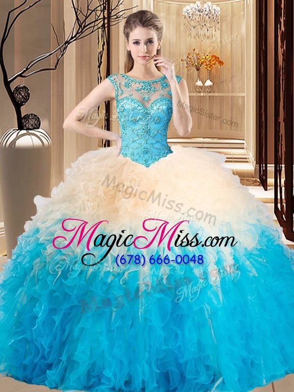 wholesale luxurious high-neck sleeveless backless quinceanera gown aqua blue tulle