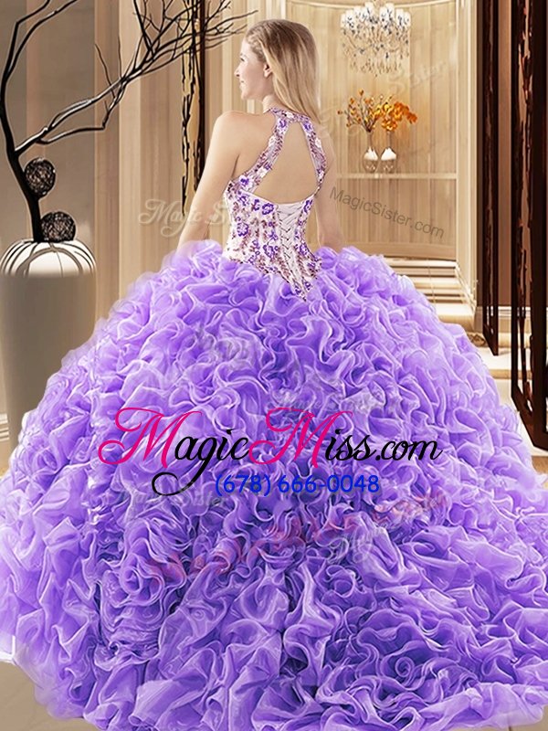 wholesale comfortable backless 15th birthday dress organza brush train sleeveless embroidery and ruffles