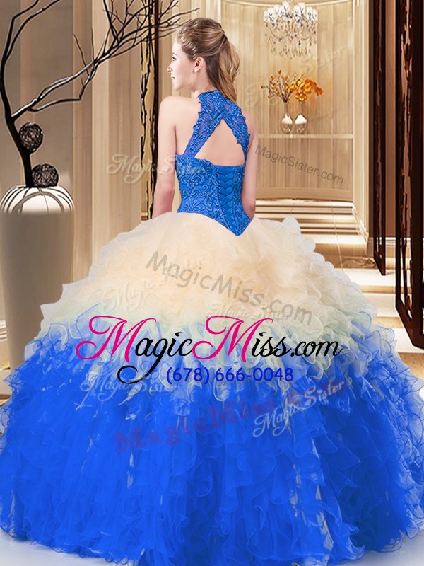 wholesale customized multi-color high-neck backless lace and appliques and ruffles quinceanera gown sleeveless