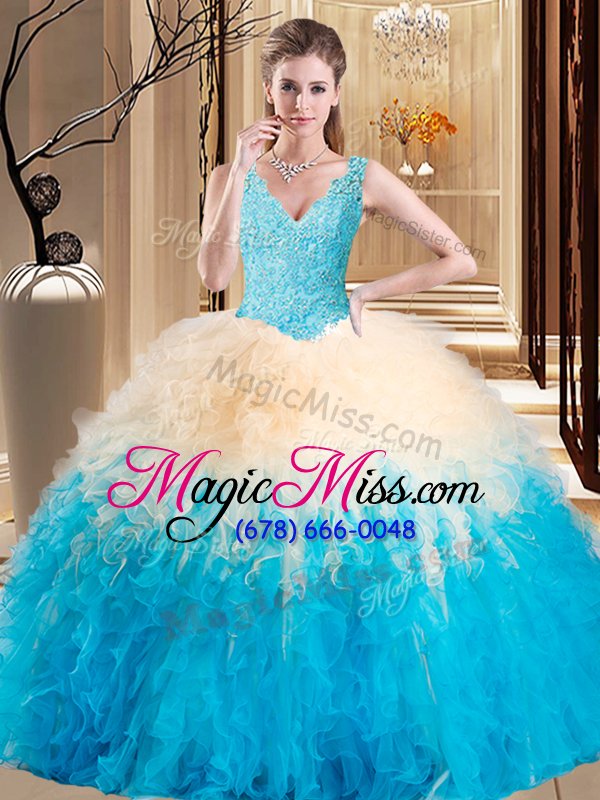 wholesale beautiful sleeveless appliques and ruffles zipper quinceanera gowns
