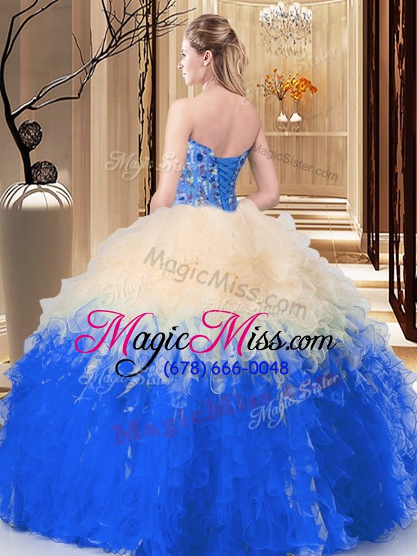 wholesale charming multi-color lace up sweetheart embroidery and ruffles quinceanera gown tulle sleeveless