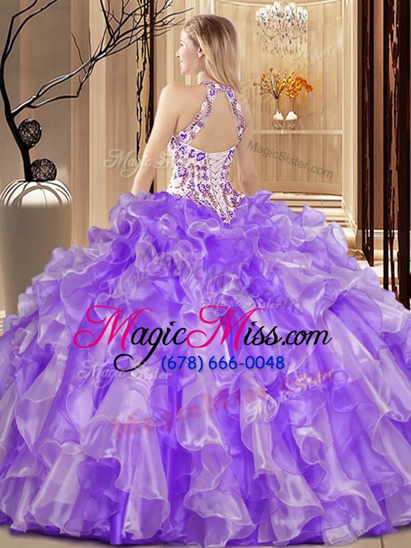 wholesale modern scoop floor length backless ball gown prom dress lavender and in for military ball and sweet 16 and quinceanera with embroidery and ruffles