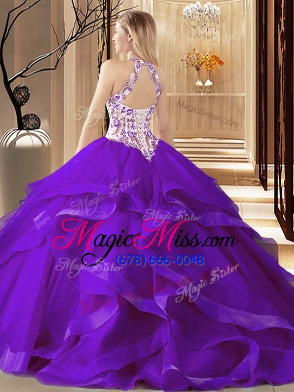 wholesale scoop sleeveless tulle sweet 16 quinceanera dress embroidery brush train lace up