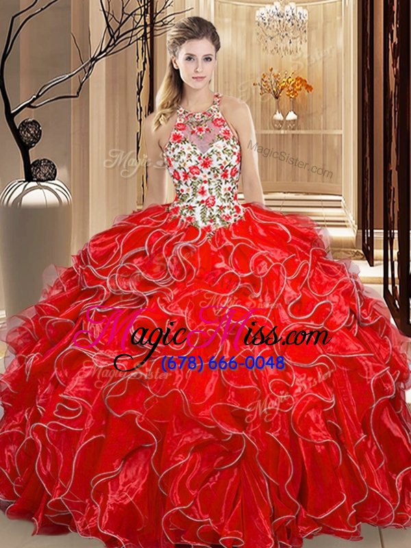 wholesale high end coral red backless scoop embroidery and ruffles quince ball gowns organza sleeveless