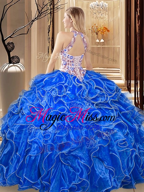 wholesale high end coral red backless scoop embroidery and ruffles quince ball gowns organza sleeveless