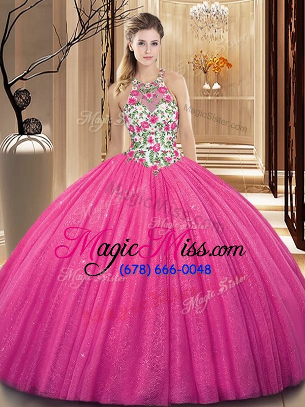 wholesale best selling scoop backless tulle sleeveless floor length ball gown prom dress and embroidery and sequins