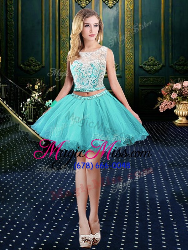 wholesale custom designed four piece blue tulle and sequined lace up scoop sleeveless floor length sweet 16 quinceanera dress lace and sequins