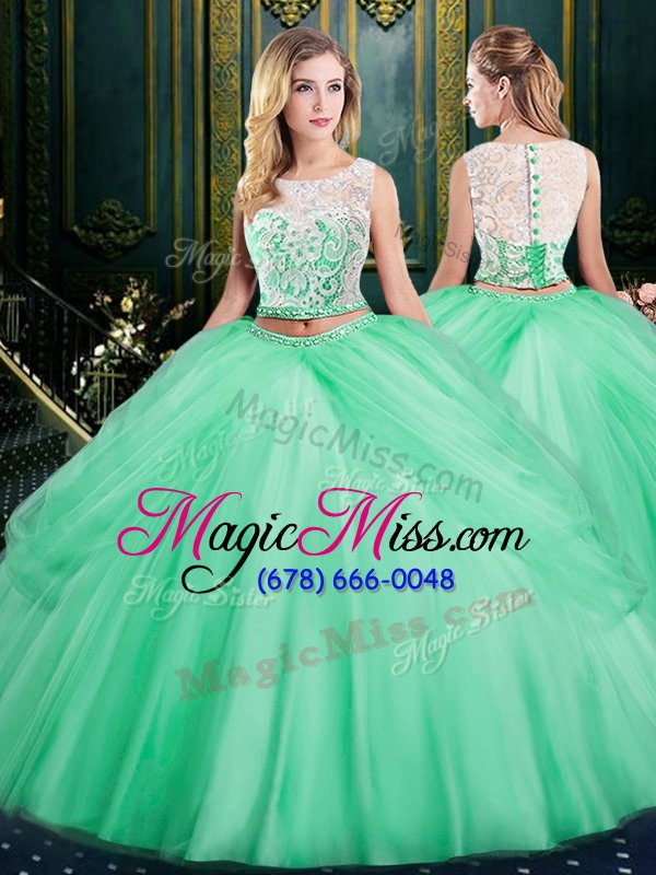wholesale three piece scoop apple green lace up 15th birthday dress lace and pick ups sleeveless floor length