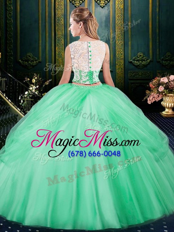 wholesale hot selling scoop apple green sleeveless lace and pick ups floor length quinceanera dress
