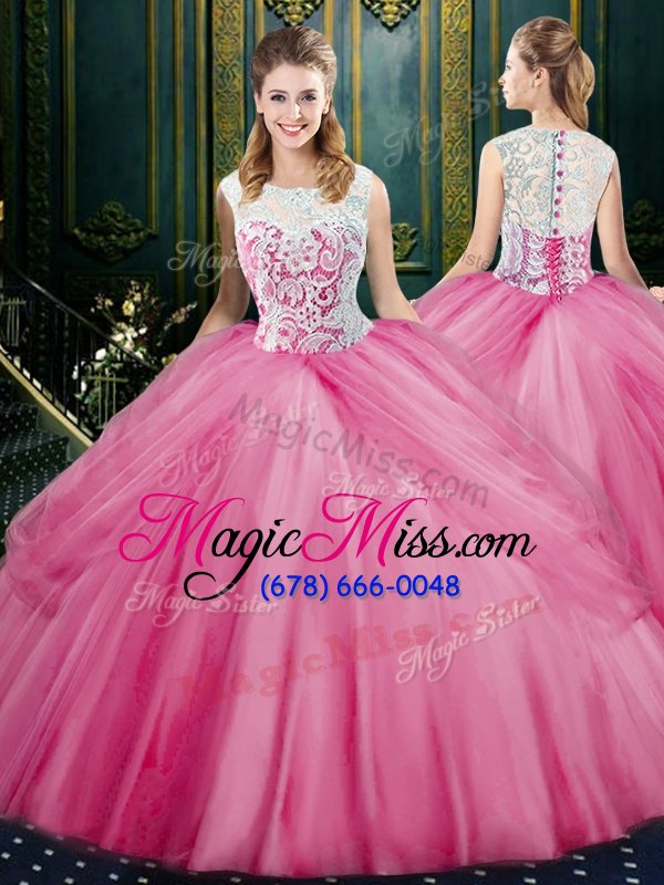 wholesale romantic four piece rose pink scoop neckline lace and appliques and pick ups quinceanera gown sleeveless zipper