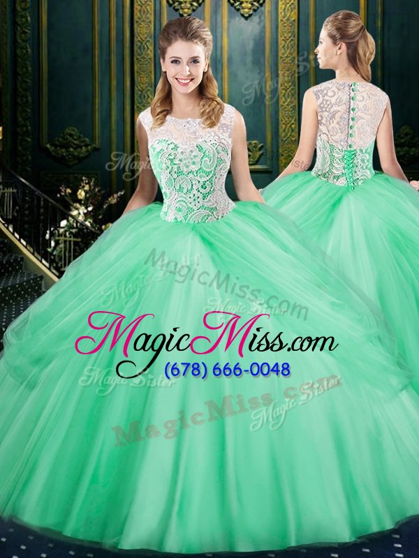 wholesale charming four piece apple green ball gowns tulle scoop sleeveless lace and pick ups floor length zipper sweet 16 quinceanera dress