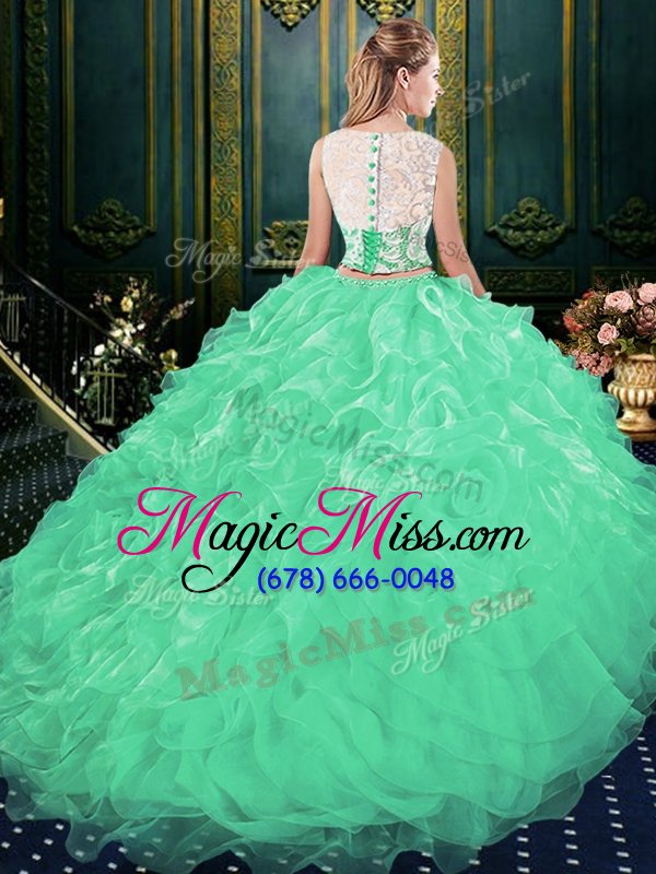 wholesale clearance scoop green organza zipper quinceanera gowns sleeveless court train lace and appliques and ruffles