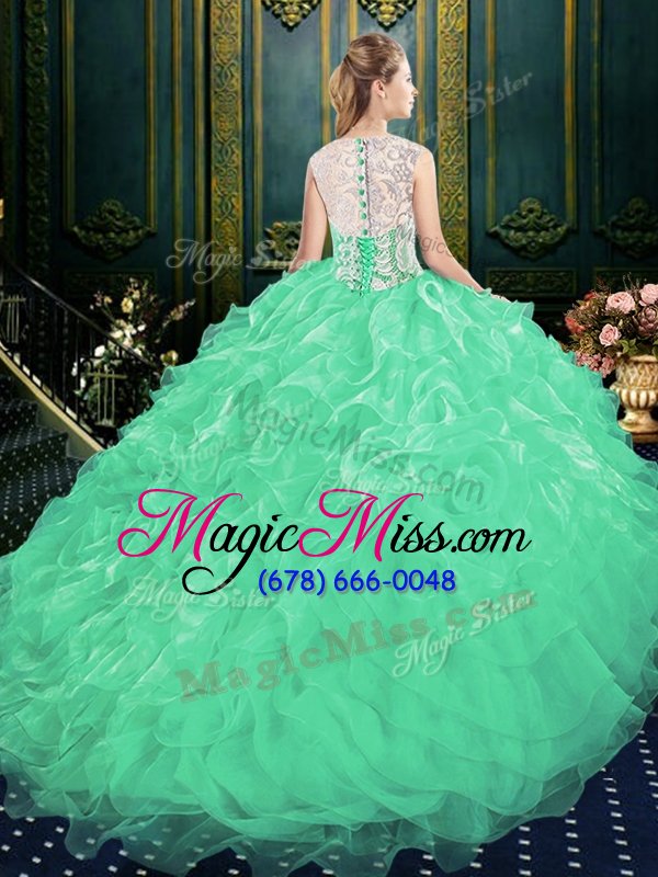 wholesale sweet scoop green sleeveless brush train appliques and ruffles quinceanera dresses