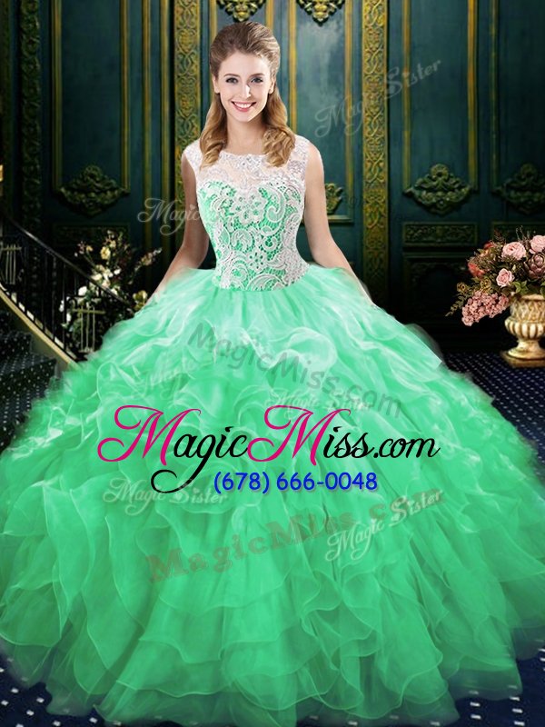 wholesale sweet scoop green sleeveless brush train appliques and ruffles quinceanera dresses