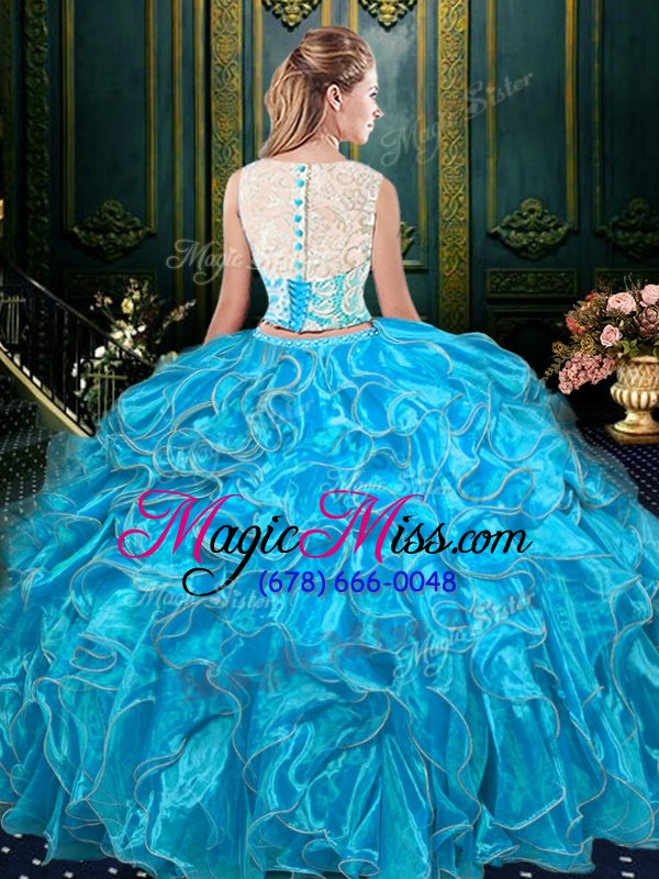 wholesale simple scoop sleeveless organza floor length zipper vestidos de quinceanera in baby blue for with lace and ruffles
