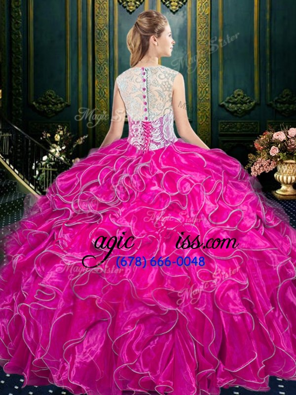 wholesale latest scoop fuchsia sleeveless floor length lace and ruffles zipper quinceanera gown