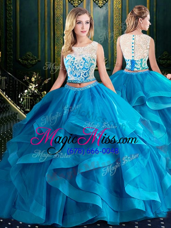 wholesale stunning scoop sleeveless with train lace and ruffles zipper ball gown prom dress with baby blue brush train