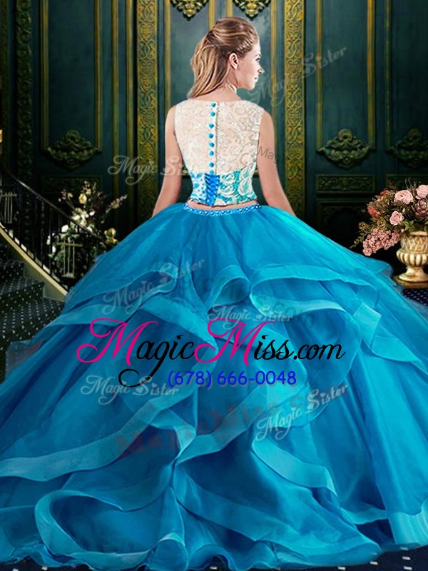 wholesale attractive two pieces scoop sleeveless tulle with brush train zipper lace and ruffles quinceanera dress