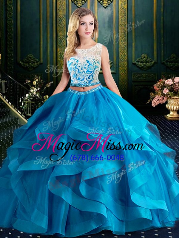 wholesale pretty baby blue two pieces scoop sleeveless tulle with brush train zipper lace and ruffles sweet 16 quinceanera dress