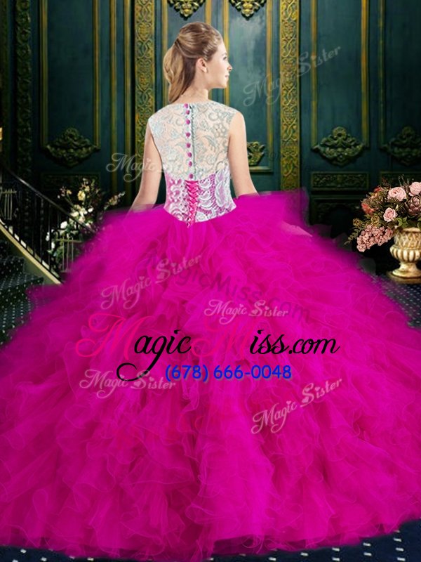 wholesale glittering blue tulle zipper scoop sleeveless floor length quince ball gowns lace and ruffles
