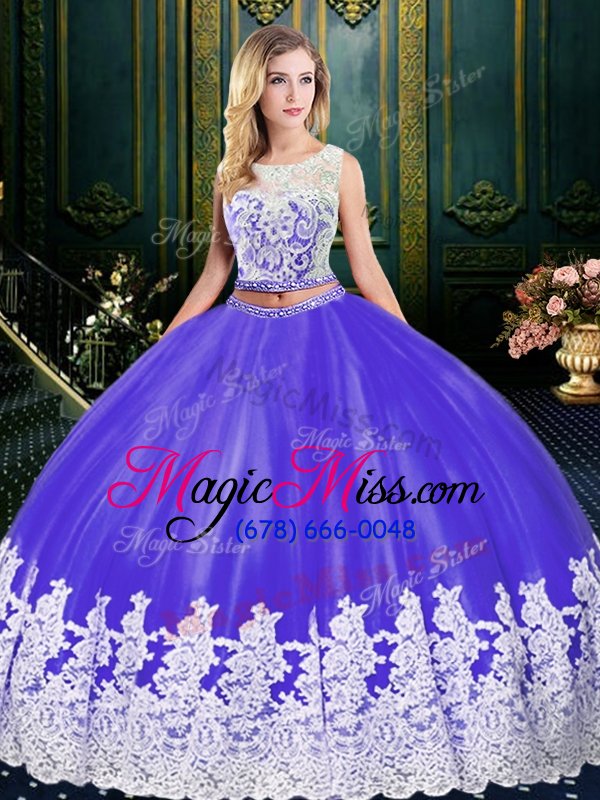 wholesale romantic scoop purple two pieces lace and appliques quinceanera dresses zipper tulle sleeveless floor length