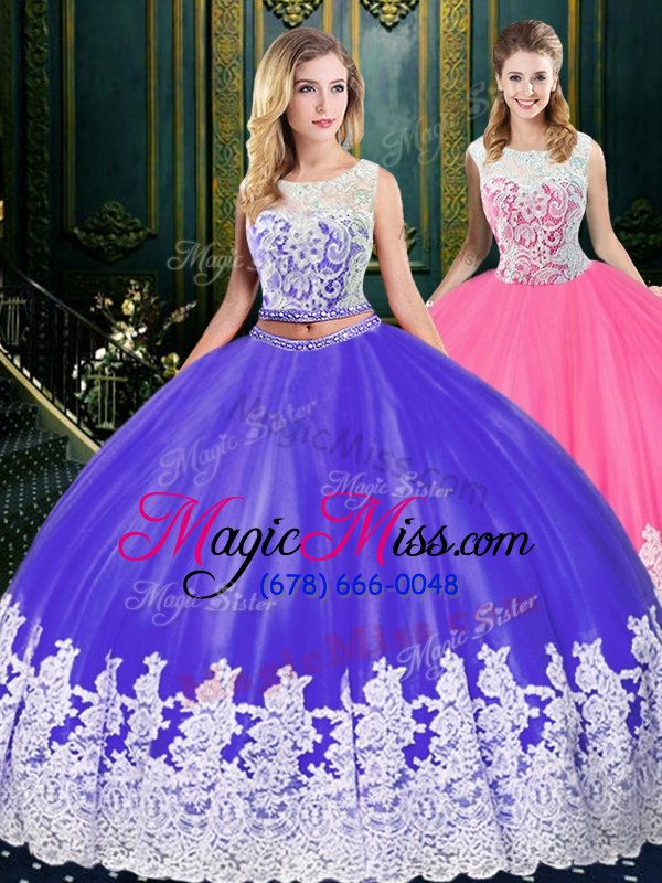 wholesale romantic scoop purple two pieces lace and appliques quinceanera dresses zipper tulle sleeveless floor length