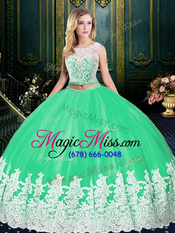 wholesale apple green tulle zipper scoop sleeveless floor length quinceanera dresses lace and appliques