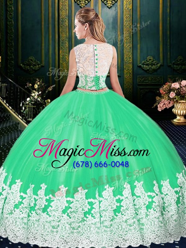 wholesale apple green tulle zipper scoop sleeveless floor length quinceanera dresses lace and appliques