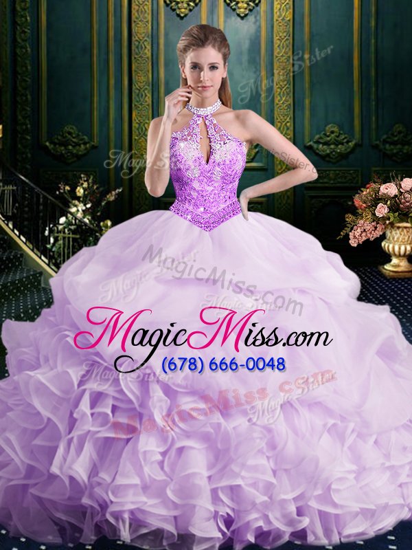 wholesale dramatic pick ups halter top sleeveless brush train lace up vestidos de quinceanera pink organza