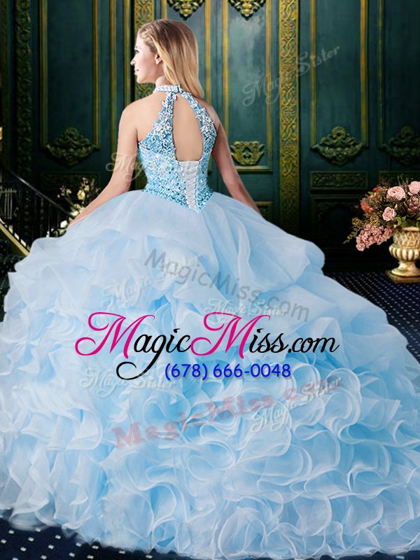 wholesale fancy organza halter top sleeveless brush train lace up beading and lace and appliques and ruffles and pick ups quinceanera gown in