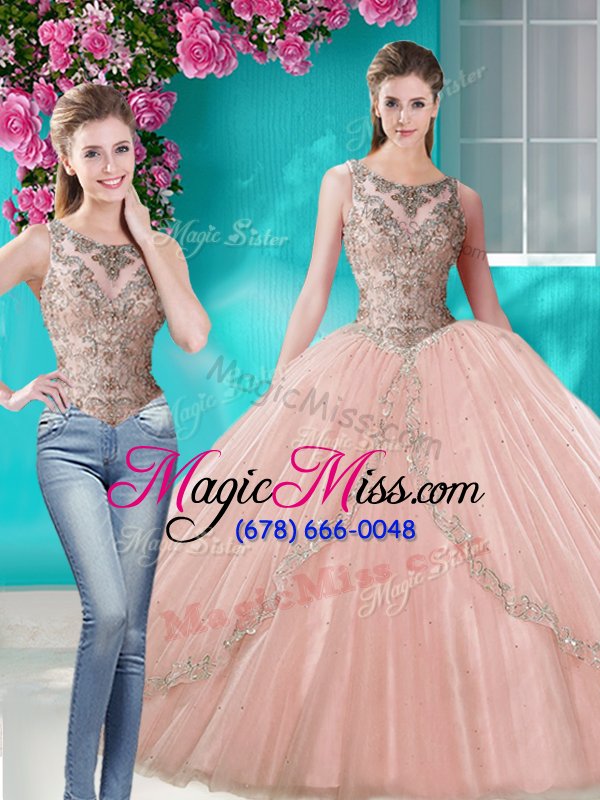 wholesale flare three piece scoop sleeveless tulle floor length lace up quinceanera dresses in peach for with beading and appliques
