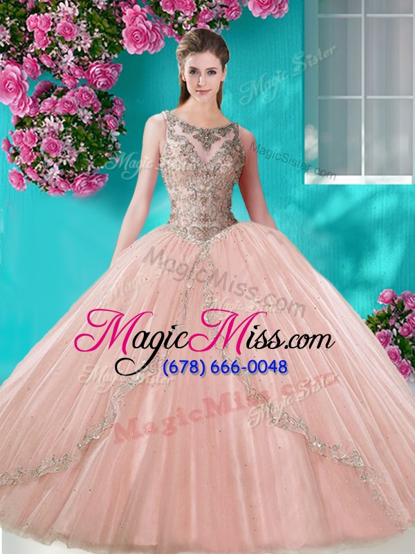 wholesale flare three piece scoop sleeveless tulle floor length lace up quinceanera dresses in peach for with beading and appliques