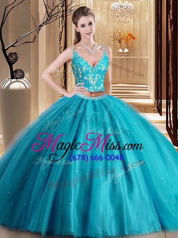 wholesale chic teal sweet 16 quinceanera dress military ball and sweet 16 and quinceanera and for with beading and lace and appliques spaghetti straps sleeveless lace up