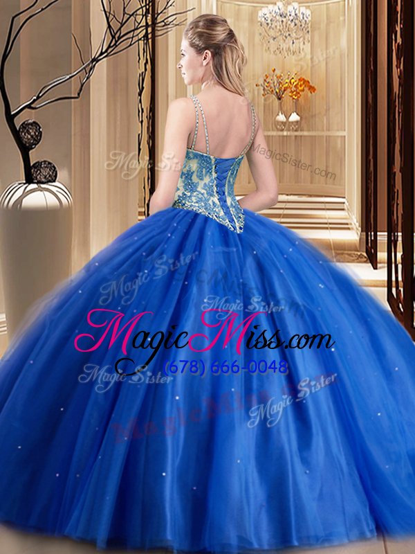 wholesale beautiful tulle spaghetti straps sleeveless lace up beading and appliques sweet 16 quinceanera dress in blue