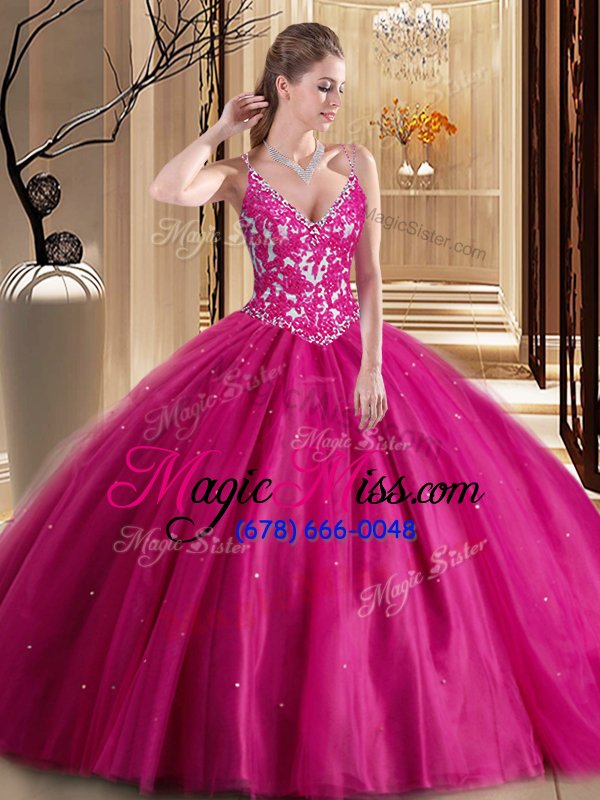 wholesale sumptuous spaghetti straps sleeveless lace up quinceanera gowns hot pink tulle