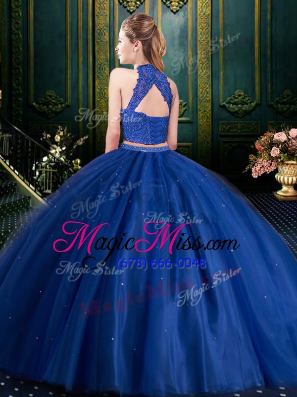 wholesale admirable two pieces sweet 16 dress navy blue high-neck tulle sleeveless floor length lace up