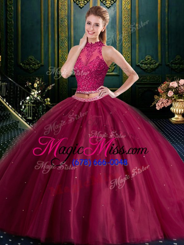 wholesale deluxe halter top burgundy sleeveless floor length appliques lace up quinceanera gown