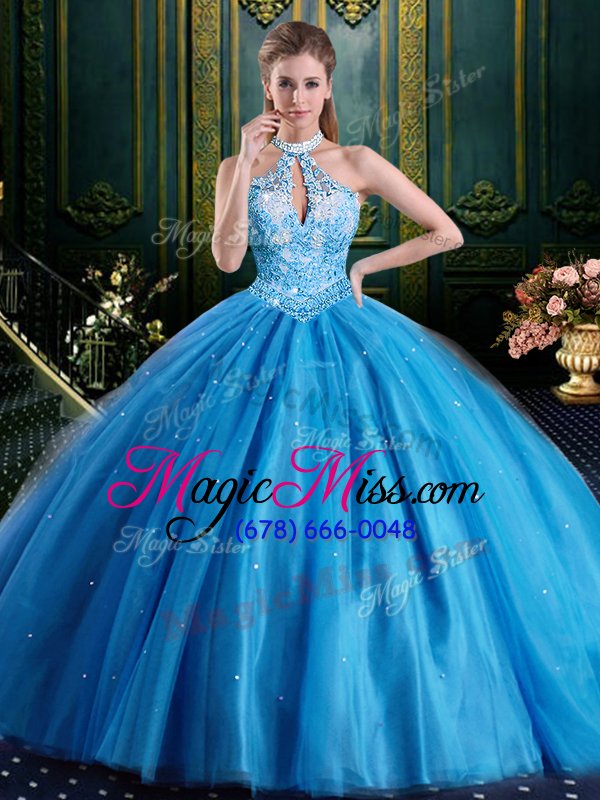 wholesale high quality baby blue two pieces tulle high-neck sleeveless beading and appliques floor length lace up quinceanera gowns