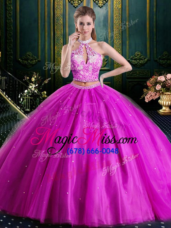 wholesale halter top fuchsia tulle lace up quinceanera gowns sleeveless floor length beading and lace and appliques