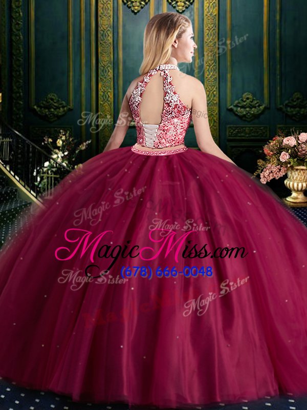 wholesale halter top fuchsia tulle lace up quinceanera gowns sleeveless floor length beading and lace and appliques