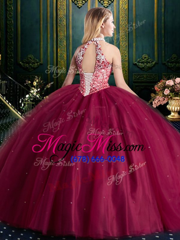 wholesale perfect floor length burgundy quinceanera dress halter top sleeveless lace up