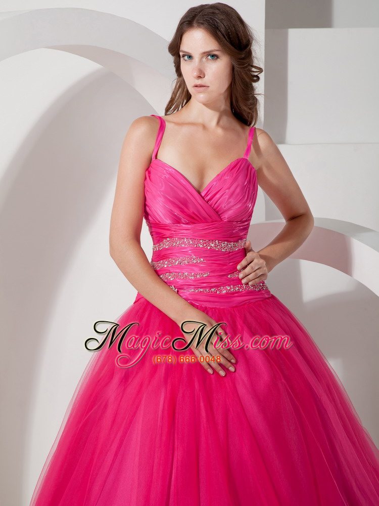 wholesale hot pink ball gown spaghetti straps floor-length tulle beading quinceanera dress