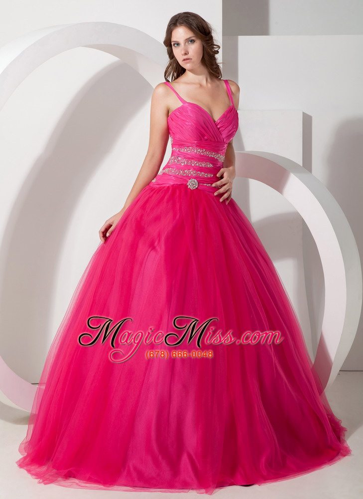 wholesale hot pink ball gown spaghetti straps floor-length tulle beading quinceanera dress