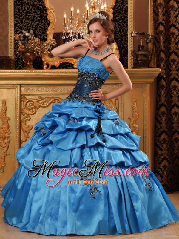 wholesale blue ball gown straps floor-length taffeta appliques quinceanera dress
