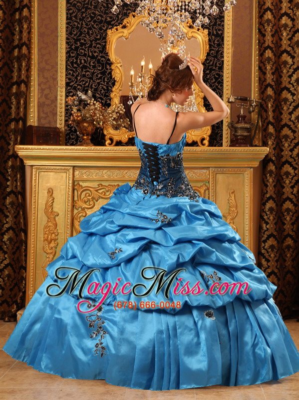 wholesale blue ball gown straps floor-length taffeta appliques quinceanera dress