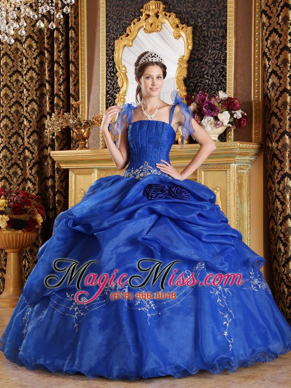 wholesale blue ball gown spaghetti straps floor-length organza appliques quinceanera dress