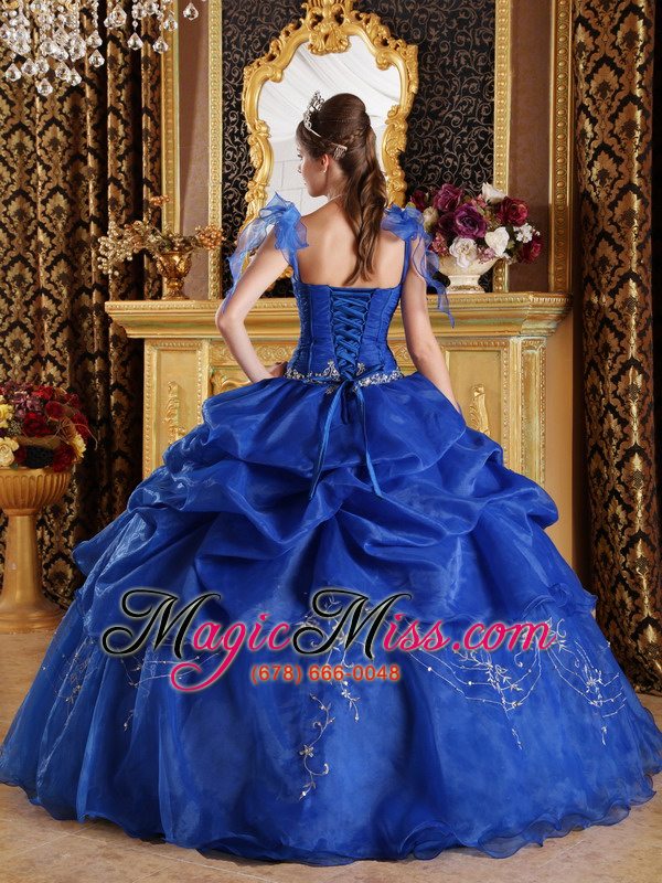 wholesale blue ball gown spaghetti straps floor-length organza appliques quinceanera dress