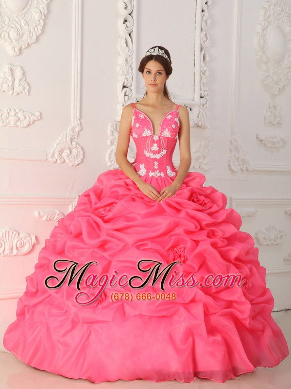 wholesale watermelon ball gown straps floor-length satin and organza appliques quinceanera dress