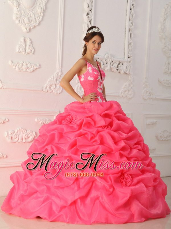 wholesale watermelon ball gown straps floor-length satin and organza appliques quinceanera dress
