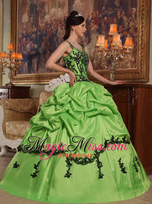 wholesale spring green ball gown straps floor-length appliques taffeta quinceanera dress
